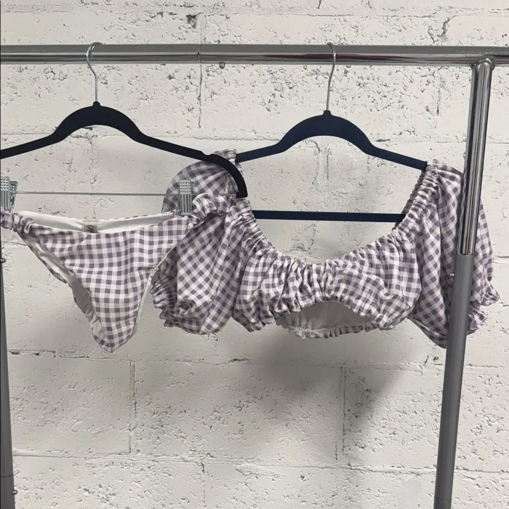 Cheeky Lilac Checkered Bikini Set Cute Off Shoulder Top Size Medium Bottom Large